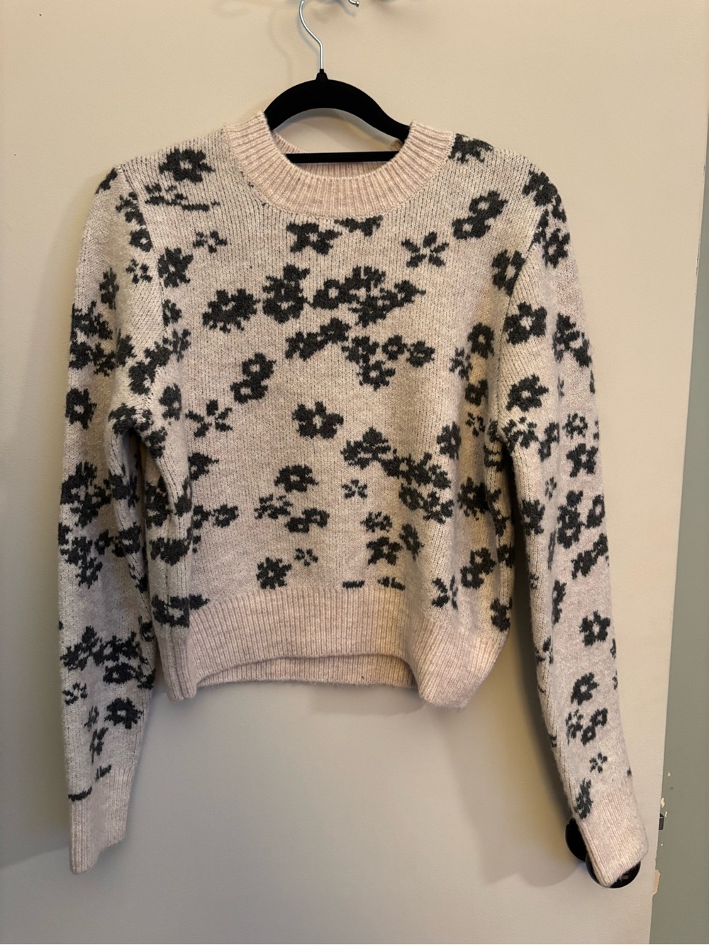 Z Supply Cream Crewneck Sweater with Black Floral Pattern